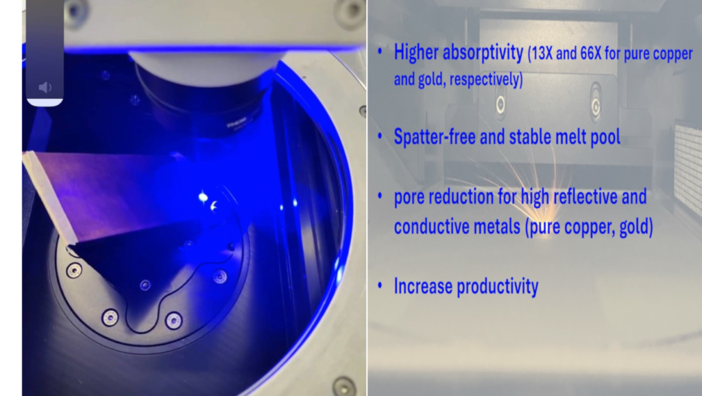 Application of blue laser in additive manufacturing of metallic parts